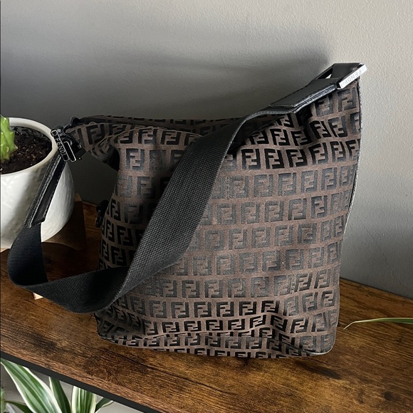 Fendi Handbags - Fendi Brown FF Monogram Shoulder Bag with Black Strap